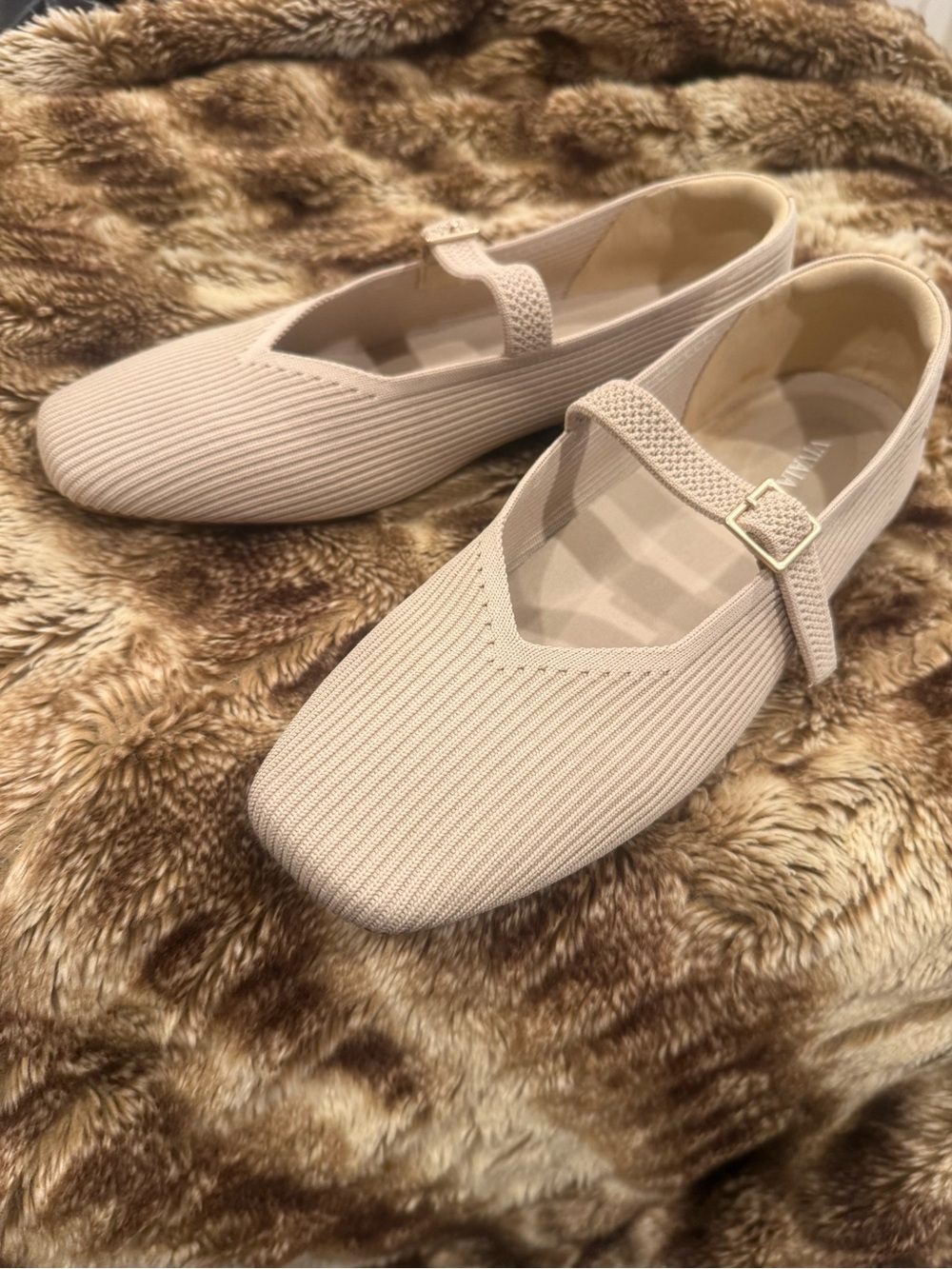 Vivian Women's 41.5 Beige Knit Square Toe Mary Jane Flats with Adjustable Strap